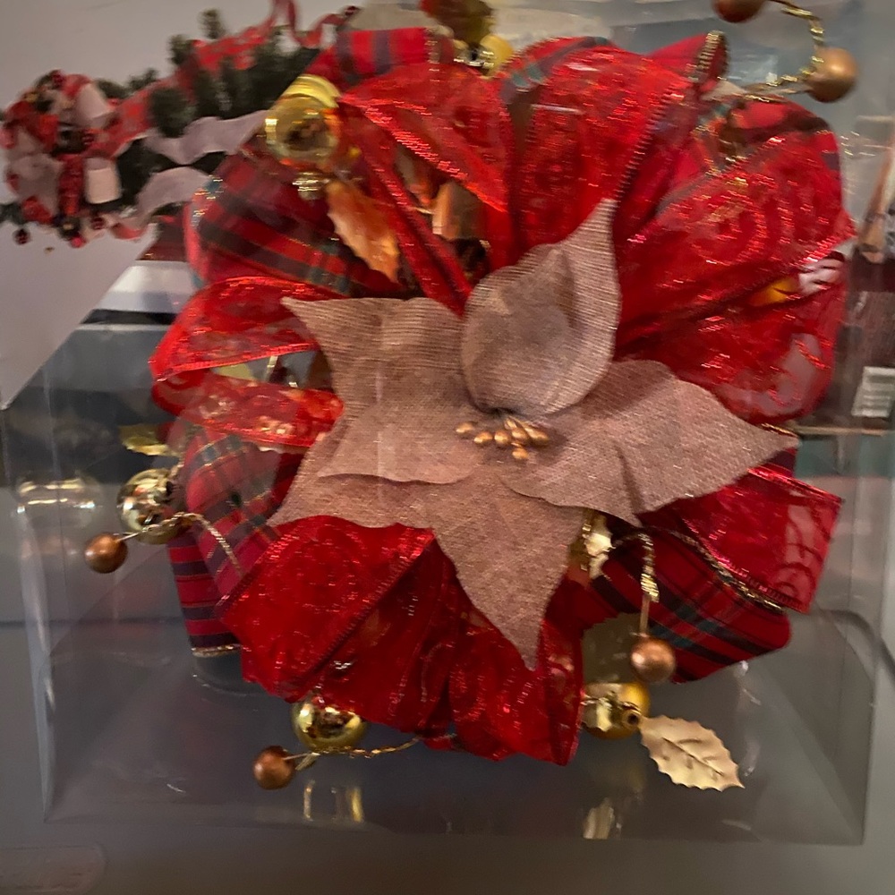 Festive Red and Gold Holiday Bow floral tree topper with ribbon